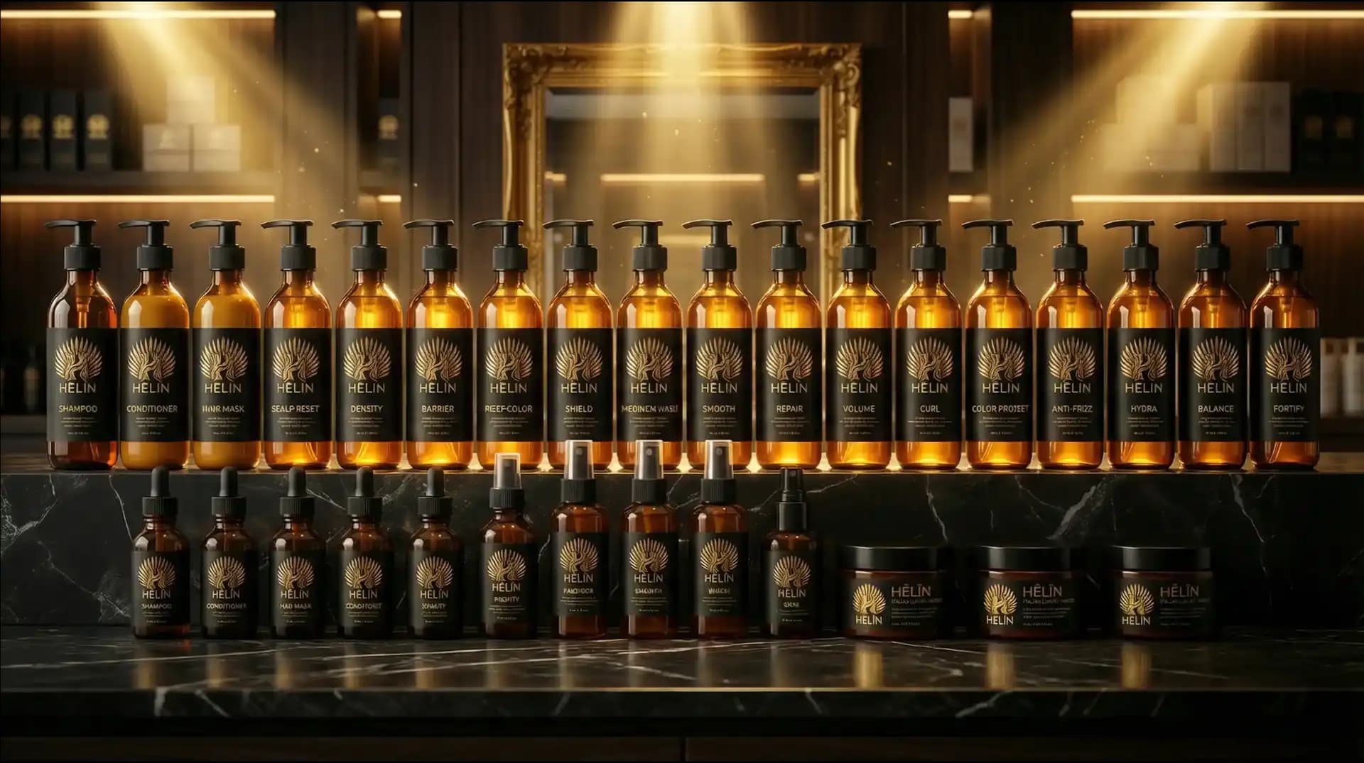 HÊLÎN luxury haircare products in an elegant salon setting