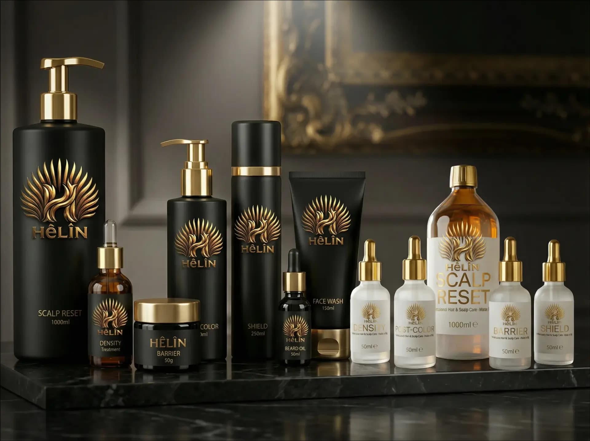 HÊLÎN men's grooming collection — dark shelf display