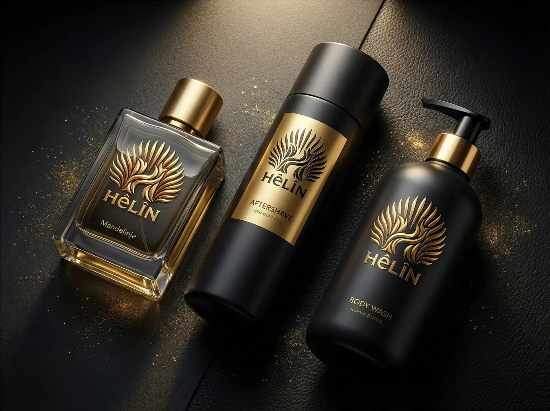 HÊLÎN men's grooming collection displayed in luxury setting